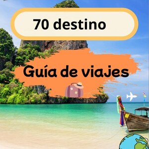 Puede incluir: Portada de guía de viaje con el texto "70 destino" y "Guía de viajes" sobre una escena de playa tropical. La portada incluye una maleta, un barco y un globo. El texto "AVENTURA..." está en la parte inferior. El libro tiene 153 páginas.
