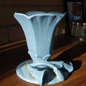 Vintage large Rum Rill Trumpet flower vase Blue No 486 with factory glaze overrun