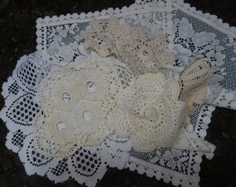 Mix of vintage doilies lace and crochet for crafting 11 pieces