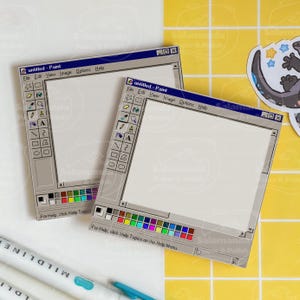 Puede incluir: Dos pegatinas con la forma de la ventana del programa informático clásico "untitled - Paint". Las pegatinas son grises y blancas con una paleta de colores en la parte inferior. El texto "For Help, click Help Topics" es visible.