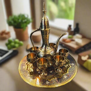 Elegant Handcrafted Brass Arabian Coffee Set – 8 Pieces with Tray and Cups, Made in Egypt