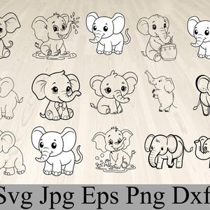 May include: A collection of black and white cartoon elephant illustrations in various poses. Some elephants are sitting, standing, or playing. The image includes the text "Svg Jpg Eps Png Dxf" at the bottom.