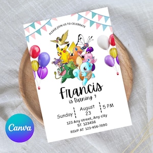 Invitation d'anniversaire Pokemon modifiable Invitation Pikachu imprimable Carte Pokemon Invitation à une fête Modèle numérique pour enfants Téléchargement instantané Canva