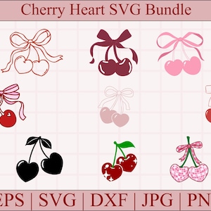 Pode incluir: Uma coleção de designs de coração de cereja em várias cores e estilos. A imagem inclui cerejas com laços, cores sólidas e designs estampados. O texto na parte superior diz "Cherry Heart SVG Bundle". Os tipos de arquivo incluem EPS, SVG, DXF, JPG e PNG.