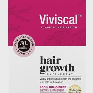 May include: A box of Viviscal hair growth supplement. The box is white with a pink top and features the brand name, product details, and the text "100% Drug Free Dietary Supplement". Contains 60 tablets.