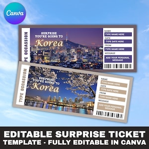 Modelo de cartão de embarque editável, passagem aérea para impressão, presente de viagem personalizado para a Coreia, download digital, Canva