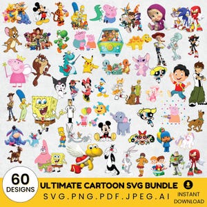 Cartoon Mix PNG Bundle, 60 PNG, Cartoon Png, Svg, Printable Art, Trending Cricut, Cartoon Characters, Birthday Stickers, Cute Cartoon, Gift