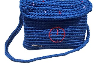 Crochet Navy Blue Tote Bag with Embroidered Clock & Stars |Handmade Cord Yarn Shoulder Bag, Lined Statement Bag