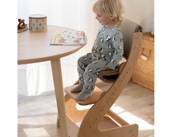 Montessori Wooden Adjustable High Chair – Baby Feeding & Learning  Growing Chair, High Chair cushions, Kids furniture, kids kitchen stool