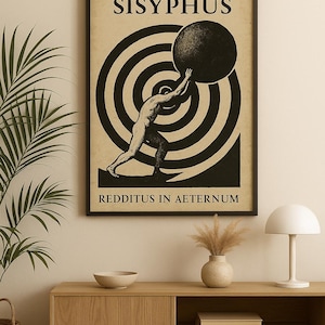 Sisyphus アート プリント – ギリシャ神話ポスター「Redditus in Aeternum」、ヴィンテージ哲学ウォールアート、永遠の闘争ミニマリストイラスト