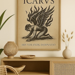 Impressão de parede de Ícaro – Ars Volandi Damnatio, pôster de mitologia grega, ilustração vintage de asas queimadas, decoração trágica de outono