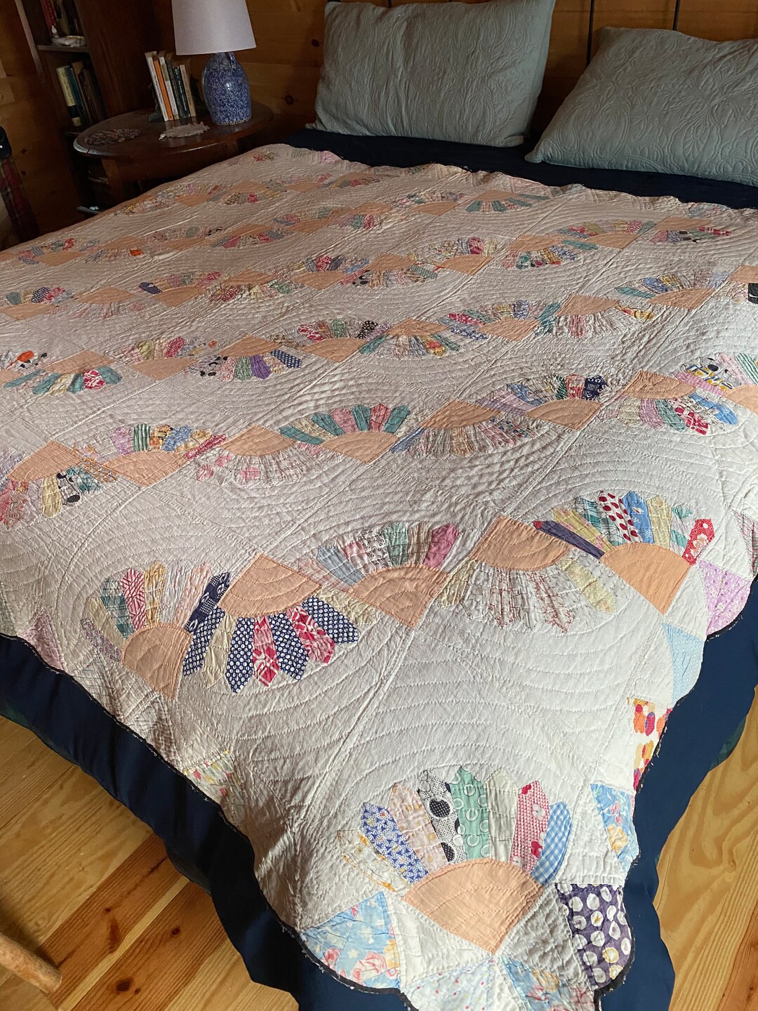 Antique Fan Quilt, 1920s1930s, Echo Quilted Feed Sack Patchwork, Black