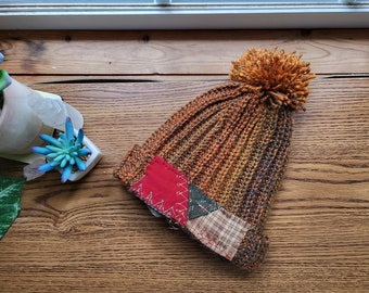 Crotcheted Beanie with 1880s Antique Crazy quilt patch, entirely handmade