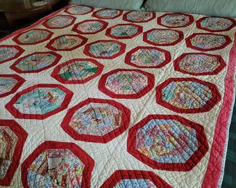 Antique Quilt, 1930s red circle spider web quilt