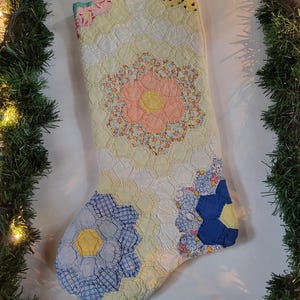 Antique Quilt Christmas Stocking, made from 1940s grandmas flower garden antique quilt