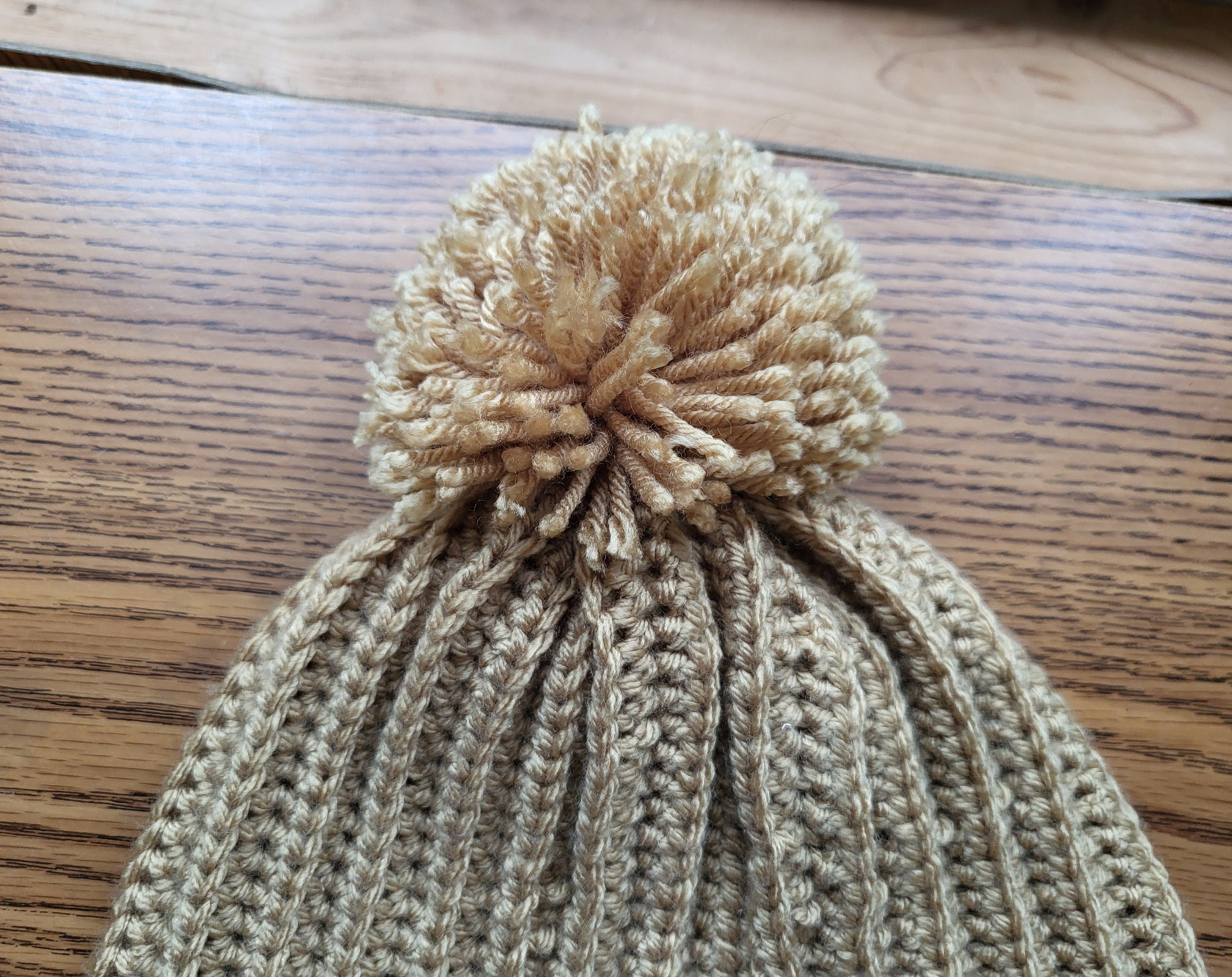Beige Crotcheted Beanie Hat With 1920s Antique Quilt Patch 
