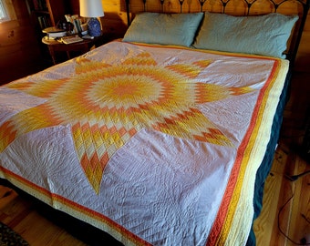 Antique Quilt, 1950s Lonestar pattern, yellow and orange patchwork