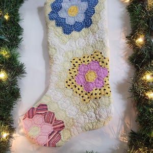 Antique Quilt Christmas Stocking, made from 1940s grandmas flower garden antique quilt