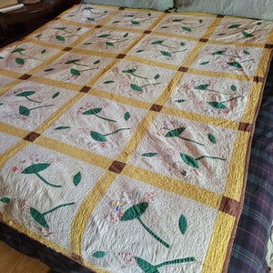 Antique Quilt, Flowers in a Yellow Brown Grid Applique, 1920s-1930s