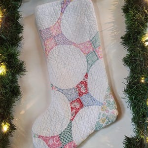 Quilted Christmas Stocking, made from early 1900s antique snowball quilt