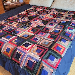 Unfinished Quilt Top, 1920s Log cabin quilt, hand-Quilt, from wool, Appraised