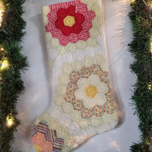 Antique Quilt Christmas Stocking, made from 1940s grandmas flower garden antique quilt