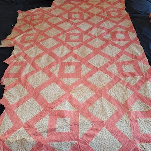Unfinished piece of antique quilt, 1860s pink flower print quilt top piece