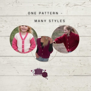Op de afbeelding: De afbeelding toont verschillende gebreide veststijlen. De tekst "ONE PATTERN - MANY STYLES" staat bovenaan. De vesten zijn in tinten roze, wit en bordeauxrood. Een afbeelding van breinaalden en garen staat onderaan.