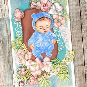Handmade Baby Greeting Card: Hand-Painted Infant, 3D Flowers, Money Holder