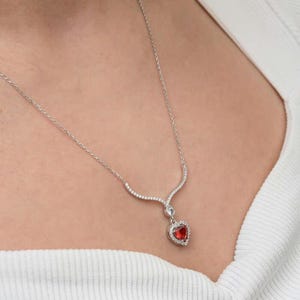 Sterling Silver Red Heart Necklace for Women with Zircon Stones, Rhodium Plated Romantic Pendant, Handmade Gift Jewelry