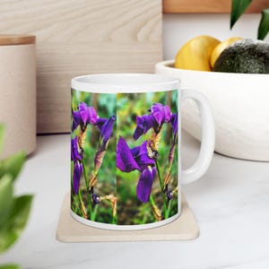 Floral Coffee Mug with Purple Iris Design ... Perfect Gift for Garden & Flower Lovers