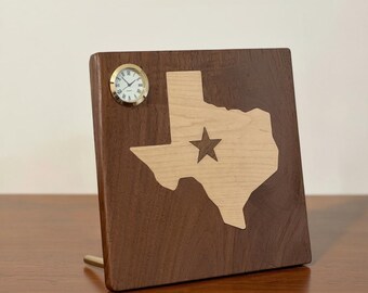 Texas State Desk Clock – Walnut & Maple Inlay with Star Centerpiece