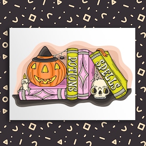 Vintage Pumpkin Blow Mould Drankjes en spreuken Boek Stack 5x7 Print!
