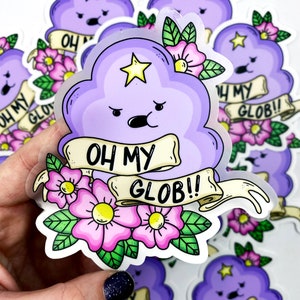 Könnte beinhalten: Eine lilafarbene Comicfigur mit einem Stern auf dem Kopf und einem mürrischen Gesichtsausdruck. Die Figur ist von rosa Blumen und grünen Blättern umgeben. Die Figur hält ein Banner mit der Aufschrift "Oh My Glob!!".