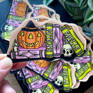 Spooky Pumpkin Blow Mold Potions and Spells Book Stack - Adorable Vinyl Sticker Decal for your Halloween Decor
