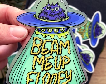 Whimsical Beam Me Up Floofy Cat UFO Alien Cartoon Vinyl Sticker - Waterproof and Perfect for Laptops, Water Bottles, and More!
