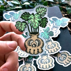 Autocollant en vinyle transparent imperméable 3 x 3 Monstera pour plantes tropicales Little Skully