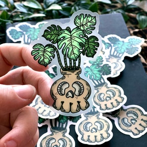 Little Skully Skull Tropical Plant Monstera Waterproof Clear 3x3 Vinyl Sticker