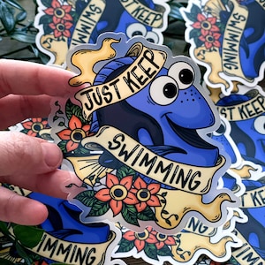 Just Keep Swimming Fish Tattoo Style 4x4 Waterproof Clear Sticker!