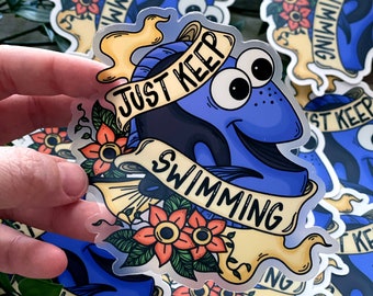 Just Keep Swimming Fish Tattoo Style 4x4 Waterproof Clear Sticker!