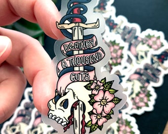 Death By A Thousand Cuts Waterproof 3.5x2 Vinyl Clear Sticker