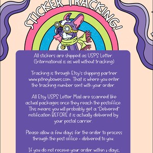 May include: A colorful sticker design with the text "STICKER TRACKING!" features a cartoon French Bulldog wearing goggles and a scarf, set against a rainbow. The image includes text about shipping and tracking information.