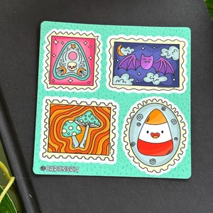 Süßer gruseliger Halloween-Fledermaus-Süßigkeitspilz-Poststempel-Stempel 4x3"wasserfester Vinyl-Aufkleber Bogen
