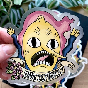 Adesivo in vinile trasparente impermeabile da 3,5"x3,5" pollici Lemongrab, stile tatuaggio inaccettabile!