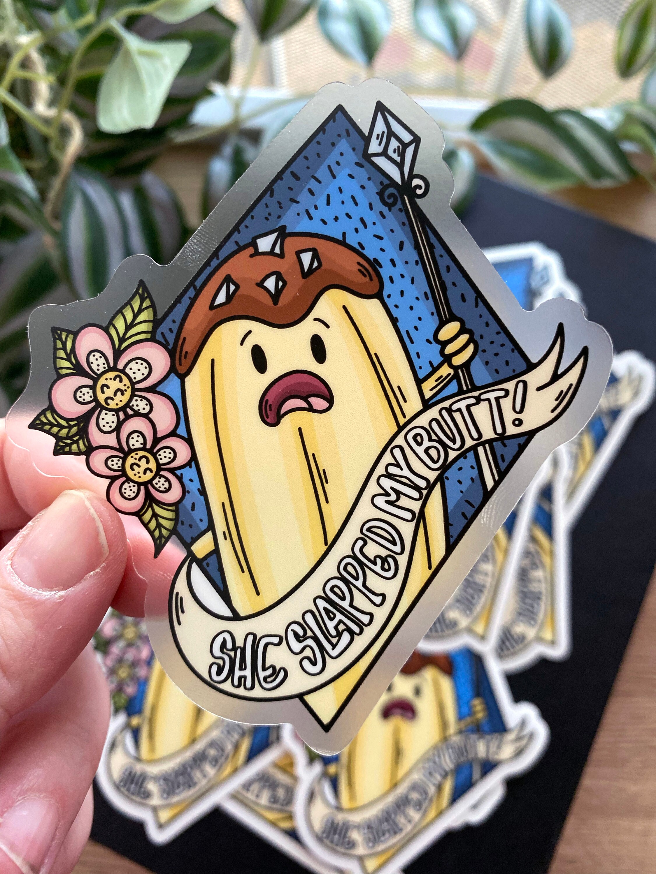 Banana Guard She Slapped My Butt Tattoo Style 3.5"x3.5" inch Clear Waterproof Vinyl Sticker!