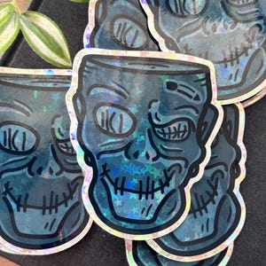Trader Sam&#39;s Enchanted Tiki Bar Zombie Mug Waterproof 3x3 Inch Holographic Glitter Vinyl Decal Sticker