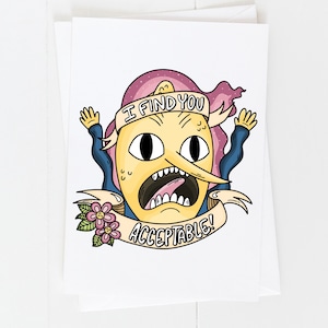 Puede incluir: Un personaje de dibujos animados amarillo con una nariz larga y una boca abierta de par en par, que lleva una chaqueta azul y una diadema rosa que dice "¡Te encuentro aceptable!" El personaje está rodeado de un remolino rosa y azul.