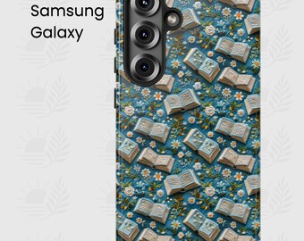 Floral Books Phone Case For Galaxy S25 S24 S23 Plus Ultra, Embroidered Daisies Cover Reader Gift Cozy Unique Bookworm Phone Cover Book Lover