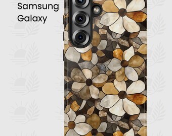Neutral Floral Stained Glass Phone Case for  Galaxy S25 S24 S23 FE, Earthy Wildflower, brown beige botanical floral phone cover