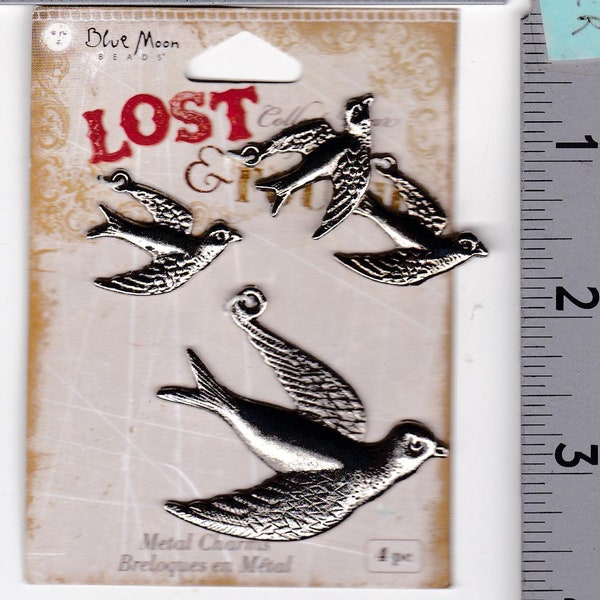 Set of 4 Silver Tone Bird Charms by Blue Moon